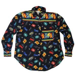 Vintage Nicola Womens 8 Sheer Button Front Shirt Black Geometric Print